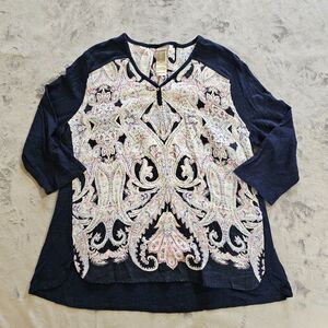 Chicos Top Shirt 2 Womens Large Petite Blue Linen Paisley 3/4 Sleeve Career